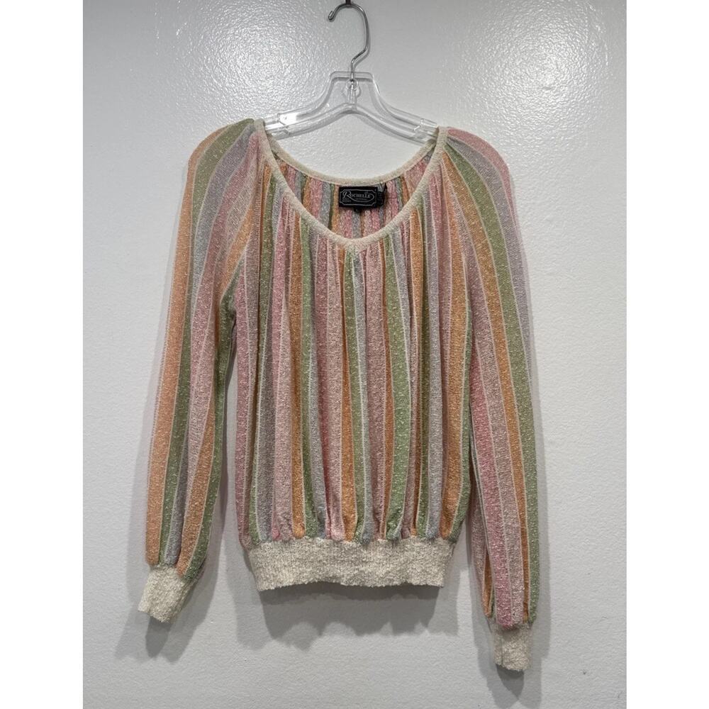 Vintage Rochelle California Rainbow Pastel Striped Sweater Boho Textured Knit